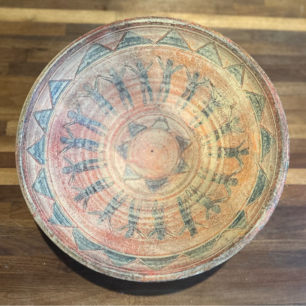 Large Terracotta Folk Art Bowl - Circle of Friends Design